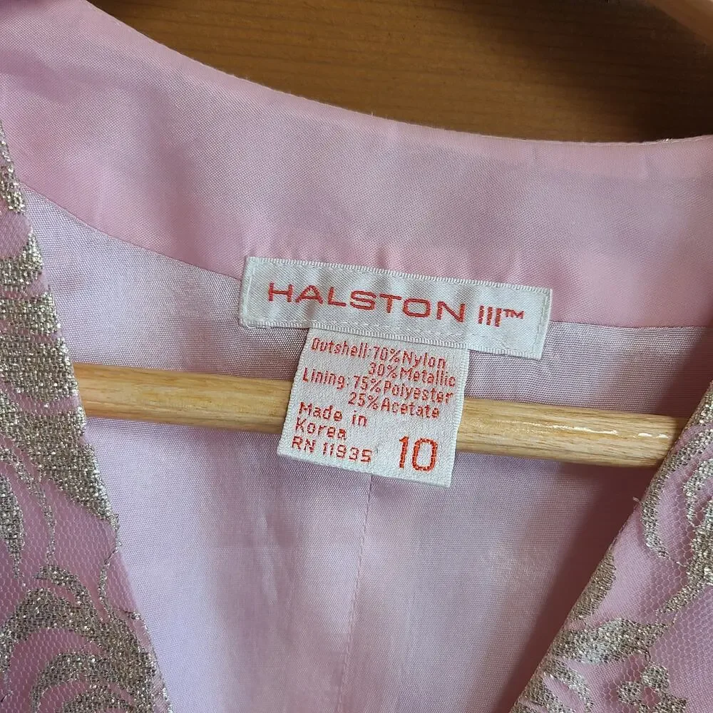 Vintage Dress Halston Midi Pink Gold Lace Drop Waist Vneck 10 Feminine Retro - Picture 3 of 5